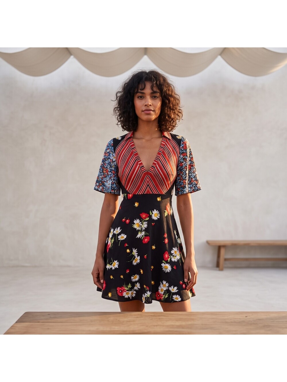 Free People Mixed Print Floral Striped Boho Mini Dress (Size 2)